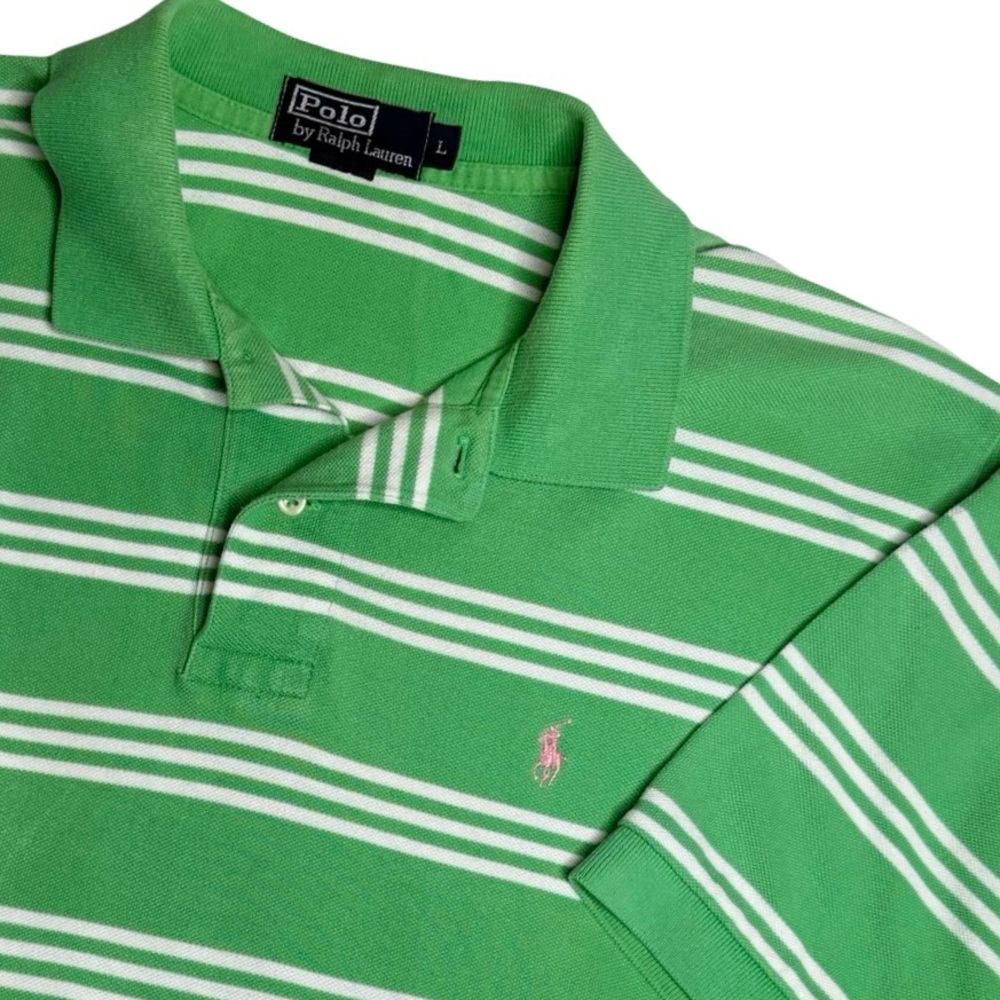VTG Polo Ralph Lauren Striped Polo Shirt Green White Pink Pony Men’s Sz L‎